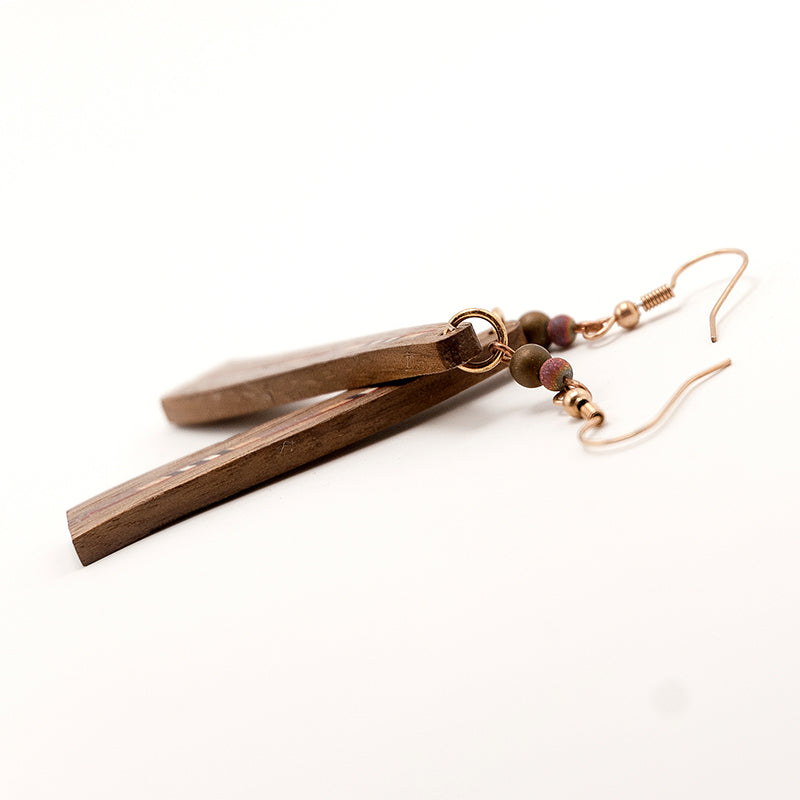 Elyana. Walnut Wave Wooden Earrings with Marquetry Geometric inlay A167-3