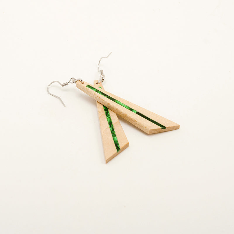 Aiza. Maple Triangle Wooden Earrings with Green Shell inlay A168-1