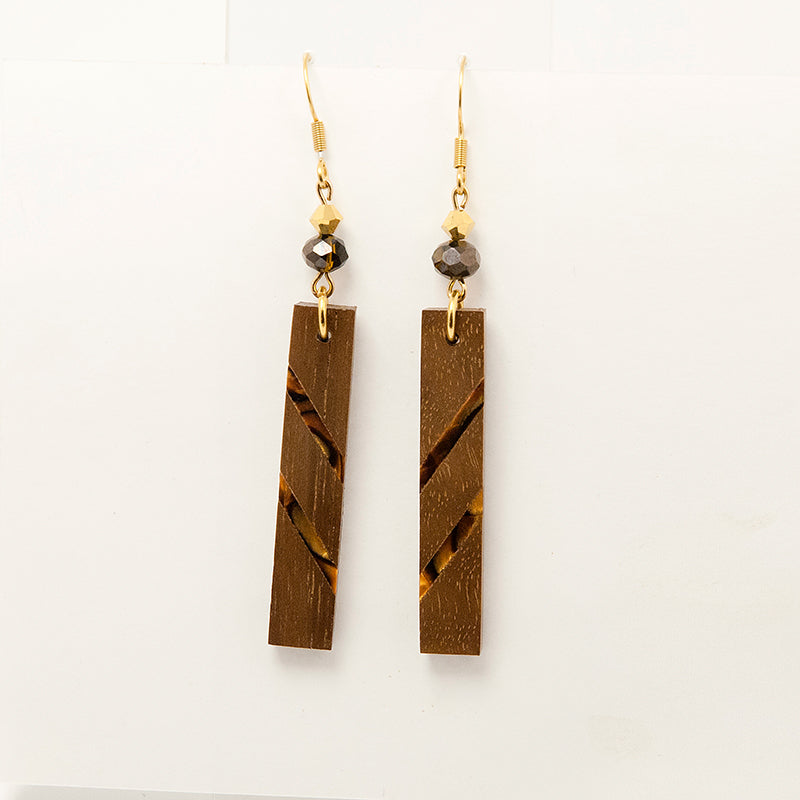 Irsaa. Walnut Rectangle Wooden Earrings with Shell Inlay Gold rhombus and Brown beads A169-1