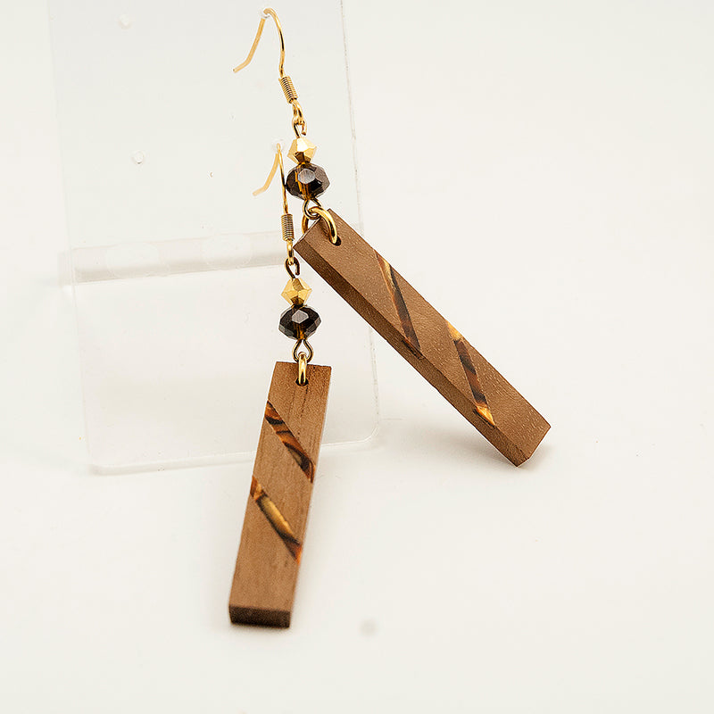 Irsaa. Walnut Rectangle Wooden Earrings with Shell Inlay Gold rhombus and Brown beads A169-1