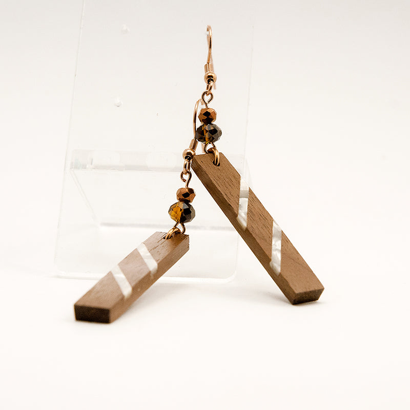 Milaa. Walnut Rectangle Wooden Earrings with Shell Inlay Brown and Copper dark Crystal beads A169-2