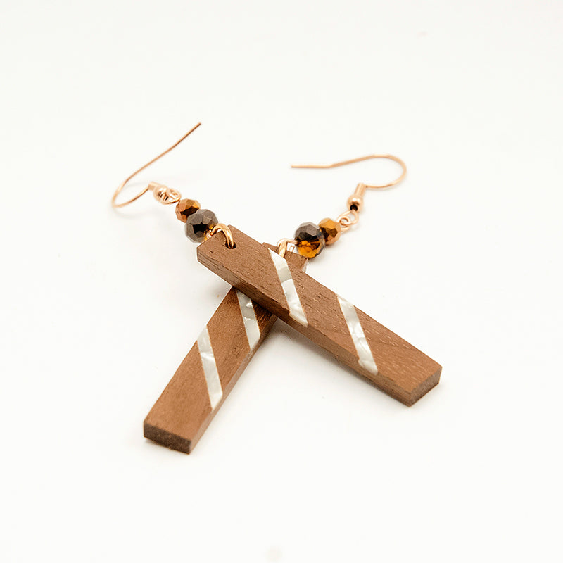 Milaa. Walnut Rectangle Wooden Earrings with Shell Inlay Brown and Copper dark Crystal beads A169-2