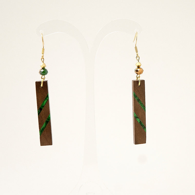Eliska. Walnut Rectangle Wooden Earrings with Shell Inlay and Green faceted beads A169-3