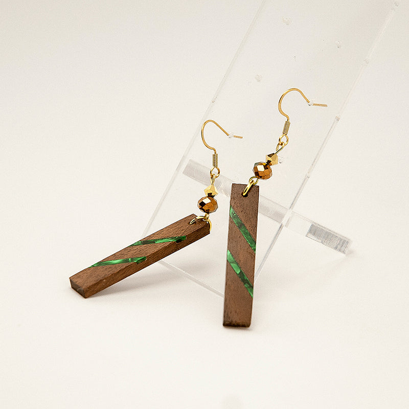 Eliska. Walnut Rectangle Wooden Earrings with Shell Inlay and Green faceted beads A169-3