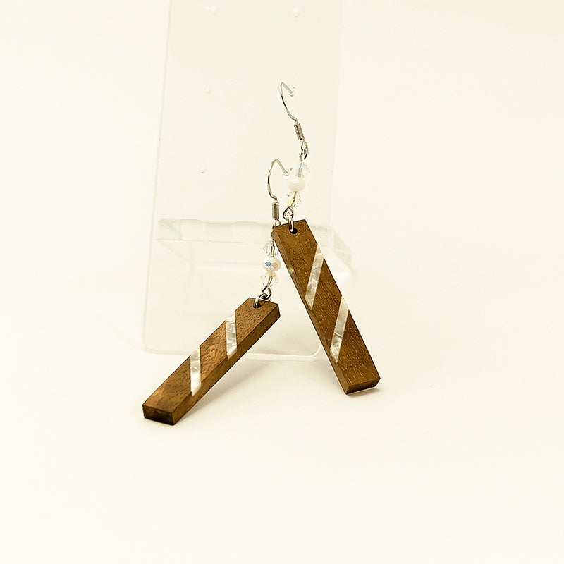 Imelda. Walnut Rectangle Wooden Earrings with Shell Inlay and platinum plated beads A169-4