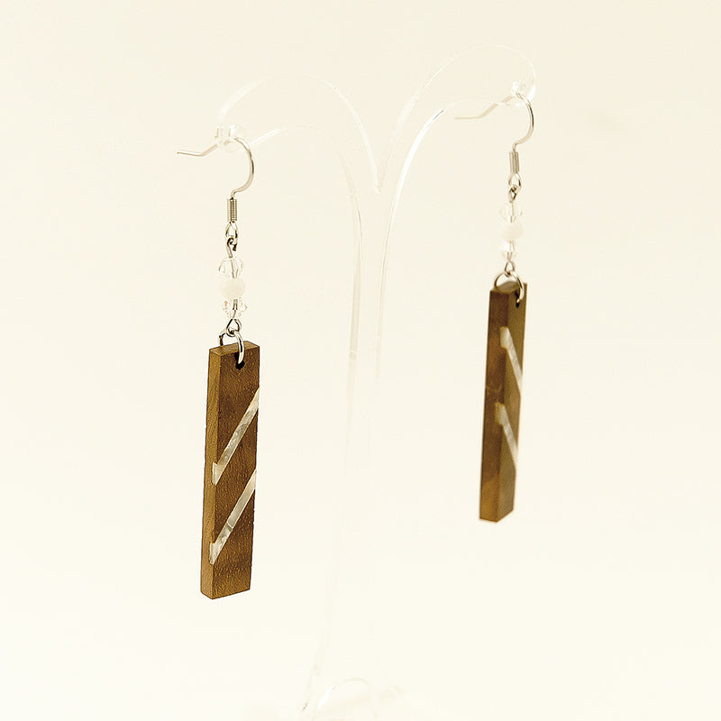 Imelda. Walnut Rectangle Wooden Earrings with Shell Inlay and platinum plated beads A169-4