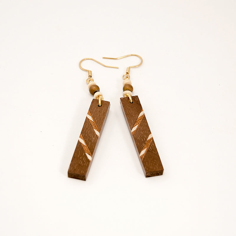 Iria. Walnut Rectangle Wooden Earrings with Shell Inlay and Wood beads A169-5