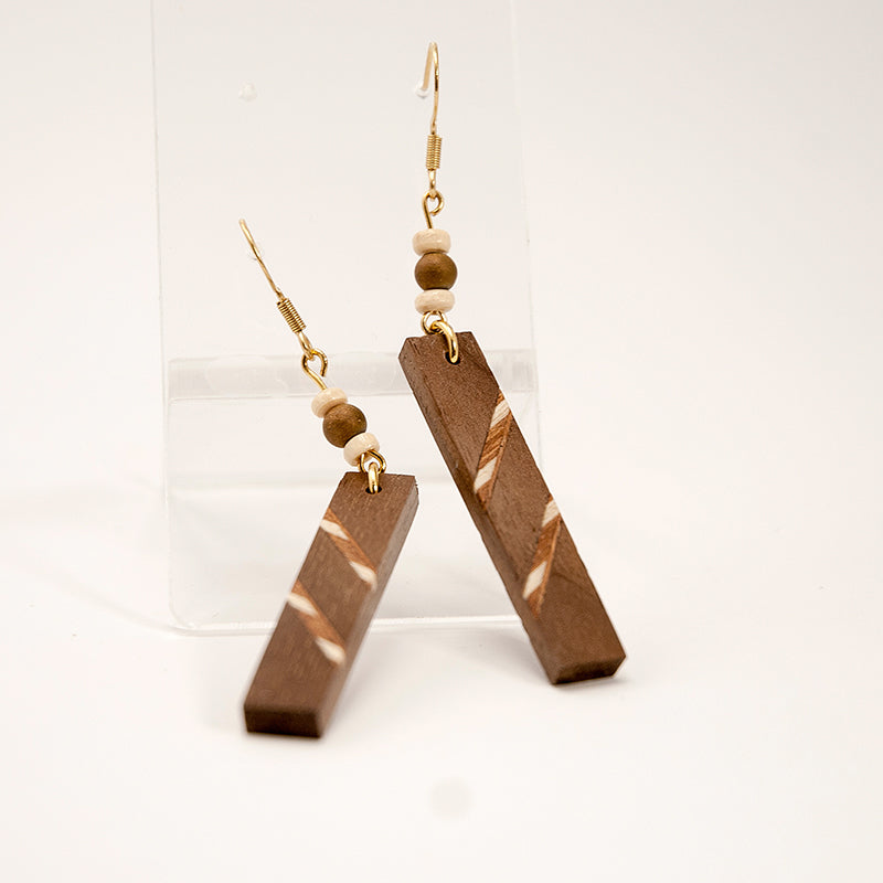 Iria. Walnut Rectangle Wooden Earrings with Shell Inlay and Wood beads A169-5