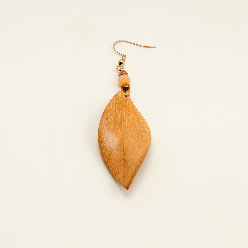 Riyaa. Boubinga Wooden Earrings, in Leaf Shape with pink beads. A170-1