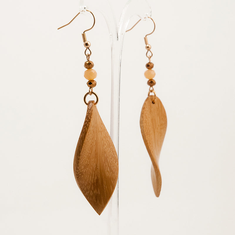 Riyaa. Boubinga Wooden Earrings, in Leaf Shape with pink beads. A170-1