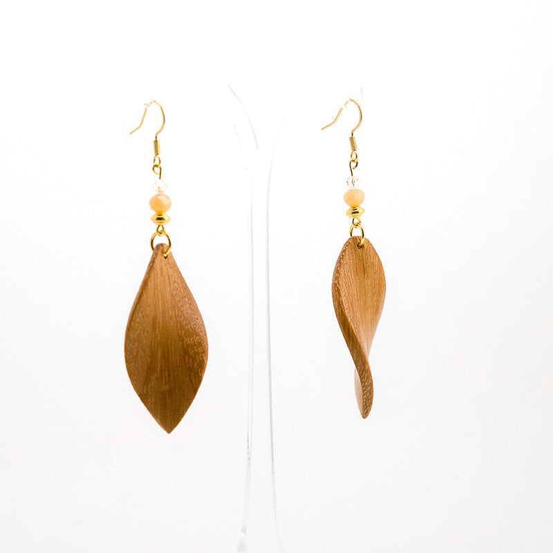 Ihana. Boubinga Wooden Earrings, in Leaf Shape with Wood beads. A170-2