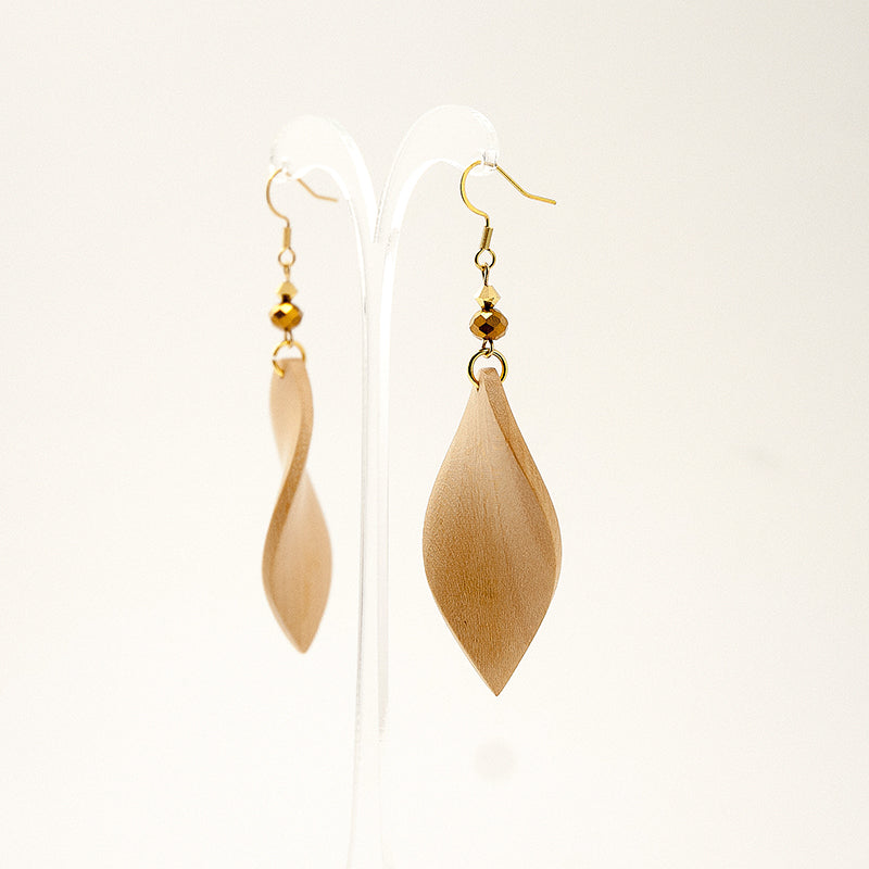 Raiya. Maple Wooden Earrings, in Leaf Shape with  beads. A171-1