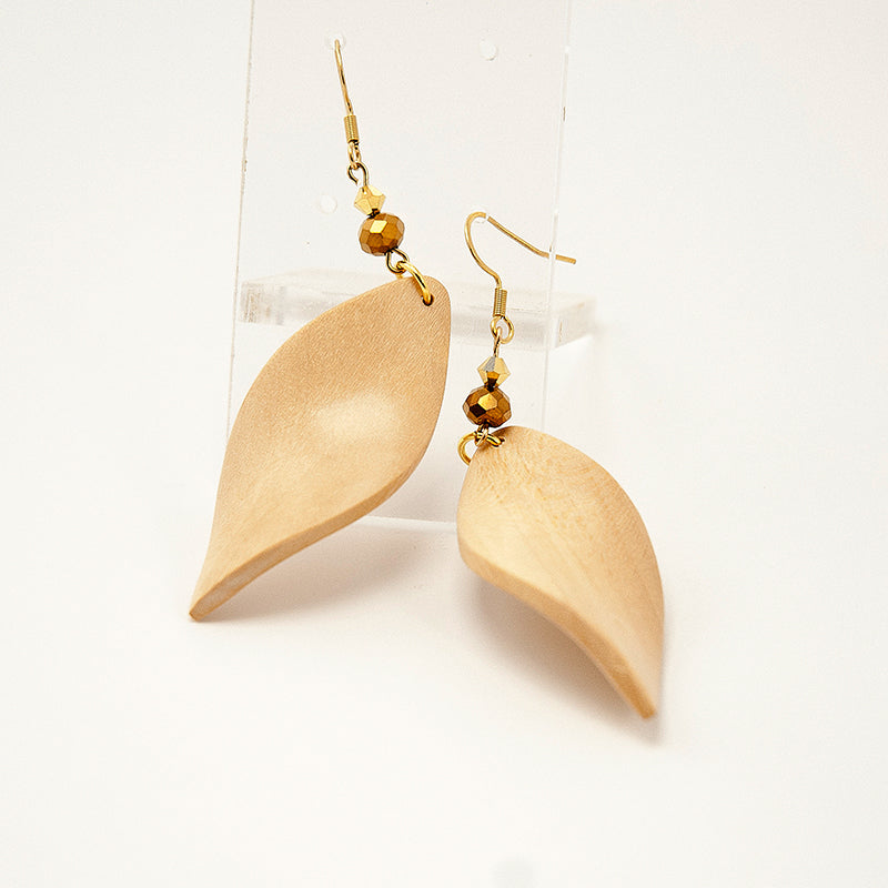 Raiya. Maple Wooden Earrings, in Leaf Shape with  beads. A171-1