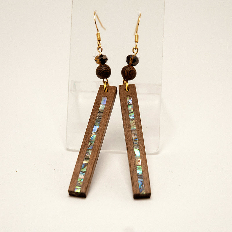 Elliza. Walnut Rectangle Wooden Earrings with Avalon shell inlay platinum plated beads A172-1
