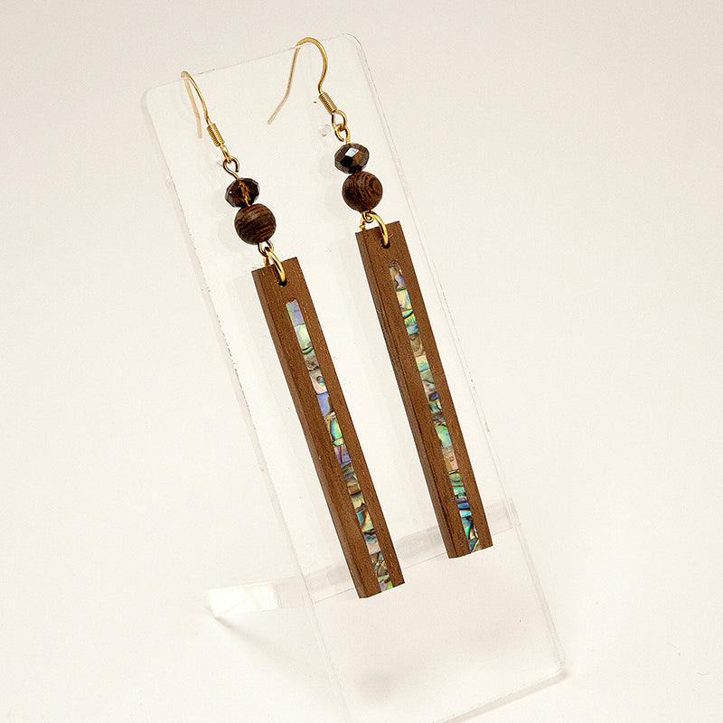 Elliza. Walnut Rectangle Wooden Earrings with Avalon shell inlay platinum plated beads A172-1