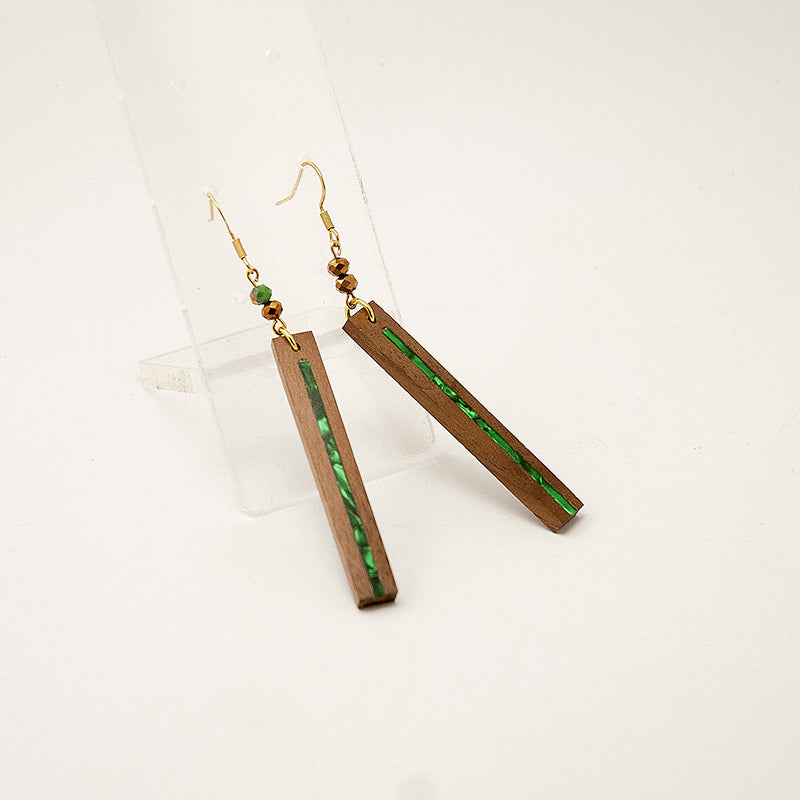 Amaea. Walnut Rectangle Wooden Earrings with Green Shell inlay polyhedral beads A172-2