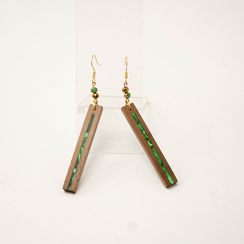 Amaea. Walnut Rectangle Wooden Earrings with Green Shell inlay polyhedral beads A172-2