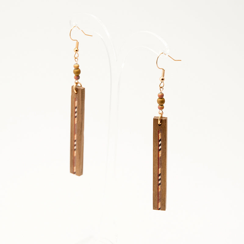 Itza. Walnut Rectangle Wooden Earrings with Wood Marquetry Geometric pattern inlay A172-3