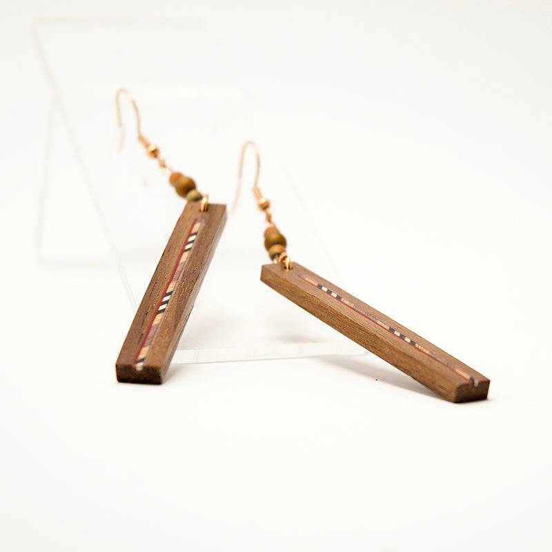 Itza. Walnut Rectangle Wooden Earrings with Wood Marquetry Geometric pattern inlay A172-3