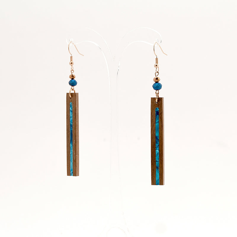 Irena. Walnut Rectangle Wooden Earrings with Blue Shell inlay polyhedral beads A172-4