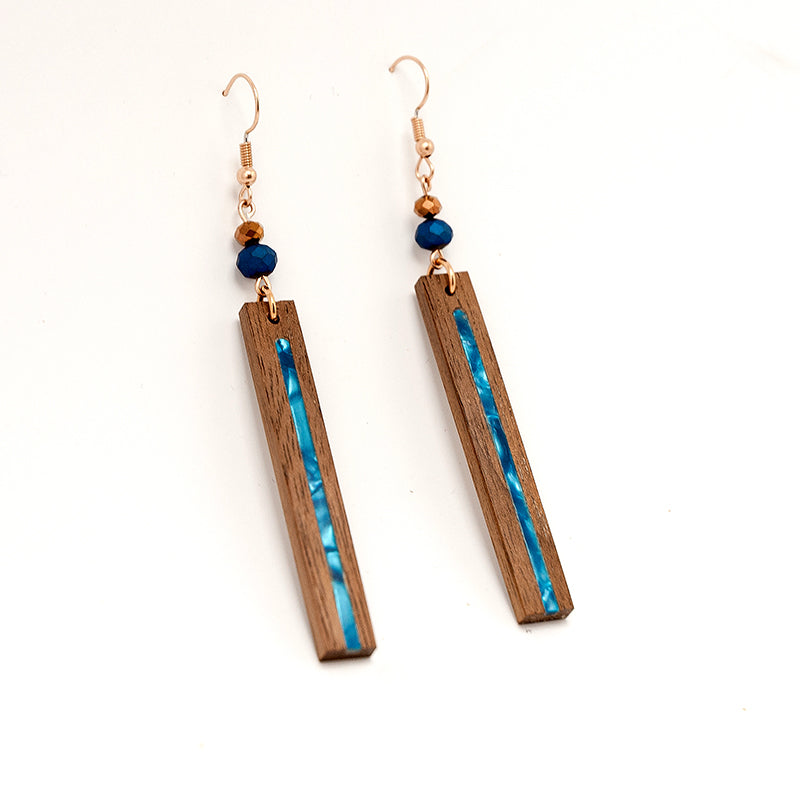 Irena. Walnut Rectangle Wooden Earrings with Blue Shell inlay polyhedral beads A172-4
