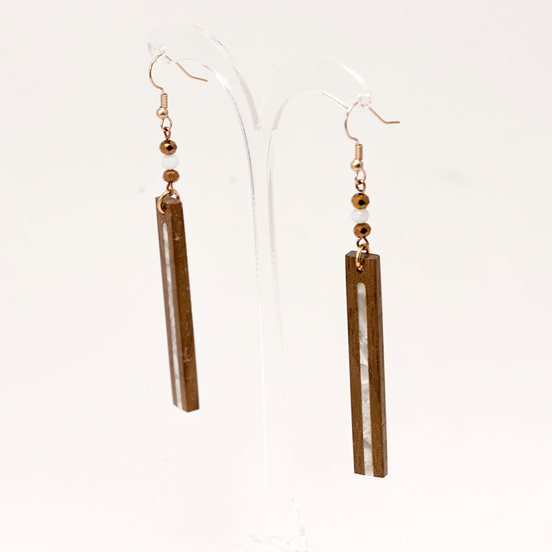 Abria. Walnut Rectangle Wooden Earrings with White Shell inlay polyhedral beads A172-5