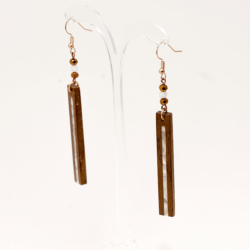 Abria. Walnut Rectangle Wooden Earrings with White Shell inlay polyhedral beads A172-5