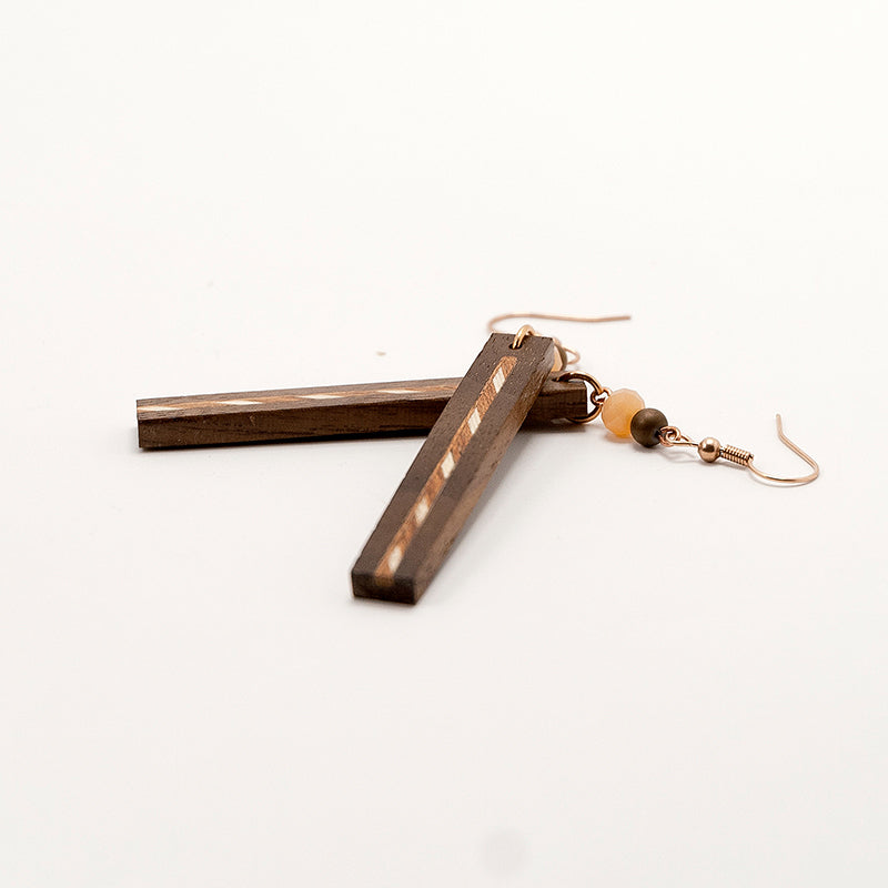 Aagya. Walnut Rectangle Wooden Earrings with Marquetry Geometric pattern inlay A172-6