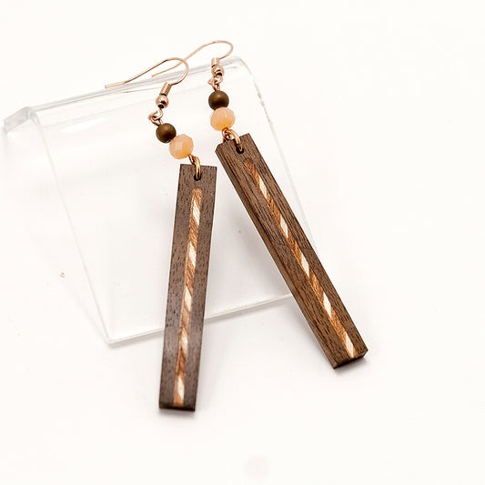 Aagya. Walnut Rectangle Wooden Earrings with Marquetry Geometric pattern inlay A172-6