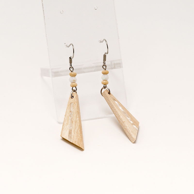 Vaeda. Maple Wooden Earrings, in Triangle Shape with White beads.A173-1