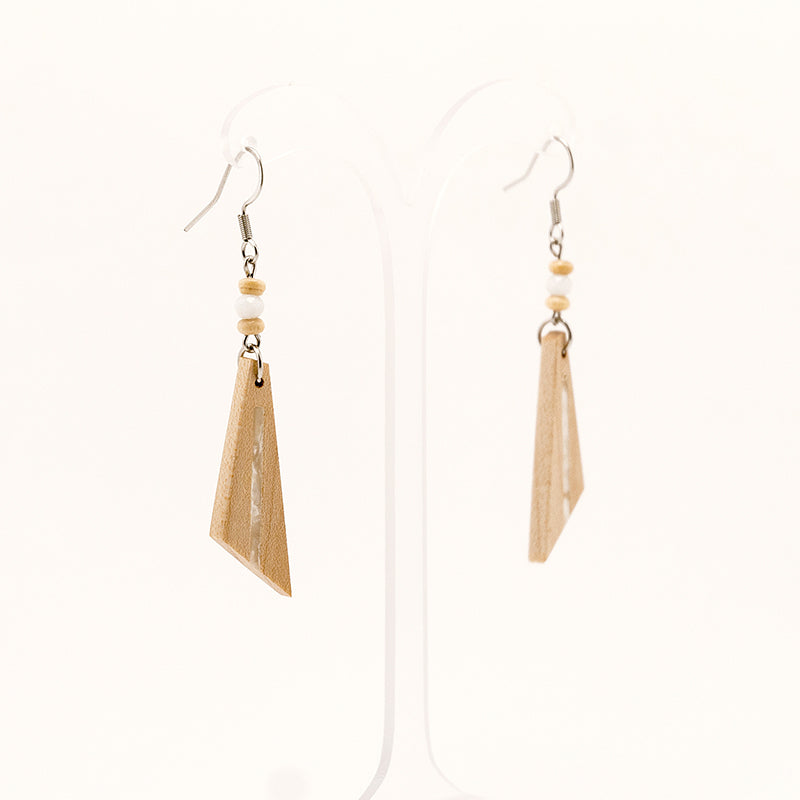 Vaeda. Maple Wooden Earrings, in Triangle Shape with White beads.A173-1