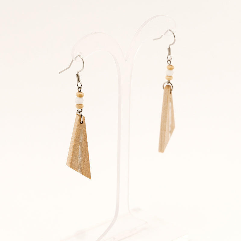 Vaeda. Maple Wooden Earrings, in Triangle Shape with White beads.A173-1