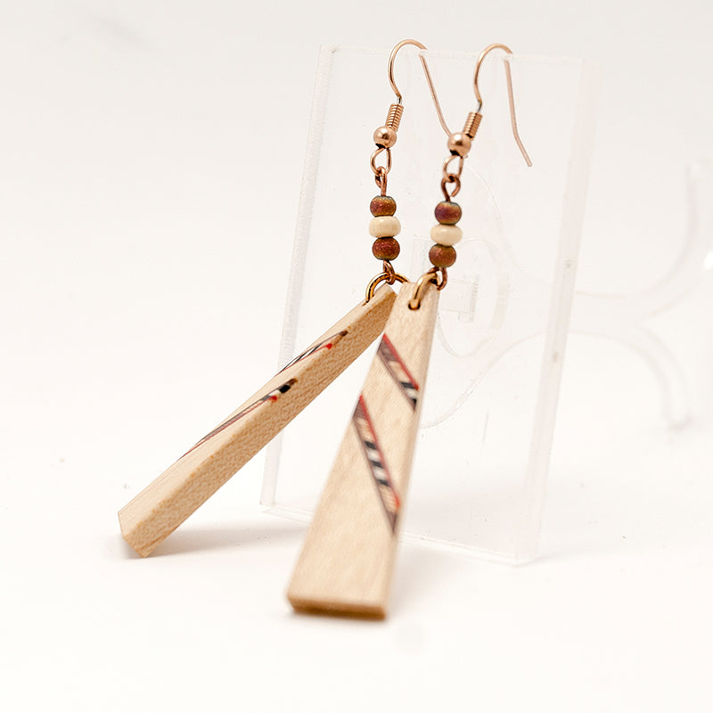 Baraa. Maple Triangle Wooden Earrings with Wood Marquetry Geometric pattern inlay A174-2