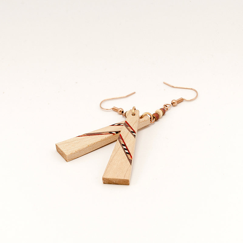 Baraa. Maple Triangle Wooden Earrings with Wood Marquetry Geometric pattern inlay A174-2