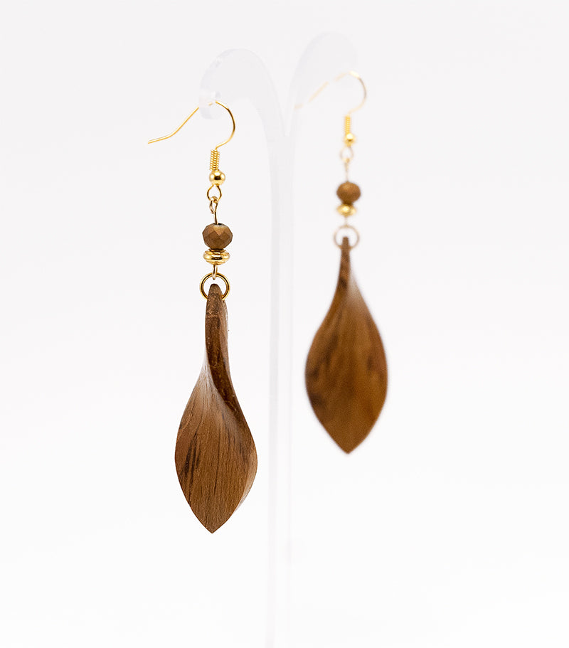 Aluna. Teak Leaf Wooden Earrings with Gold plated Zamak and Brown beads A082-1